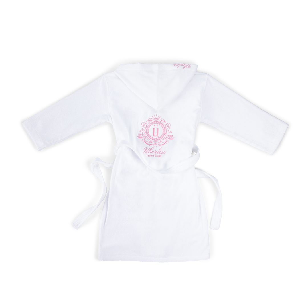 White robe with pink logo on a white background