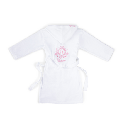 White robe with pink logo on a white background