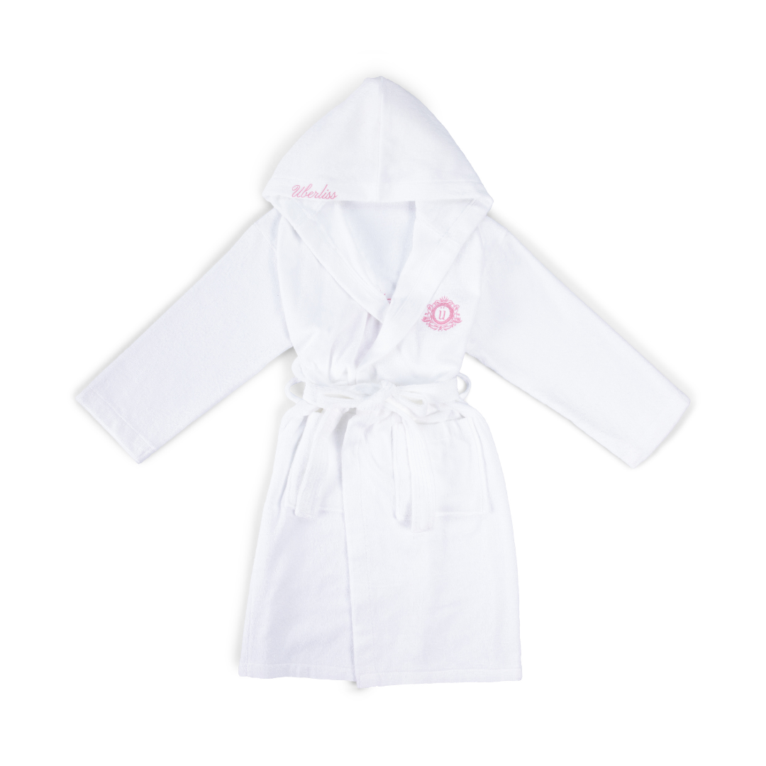 White robe with pink embroidery on a white background